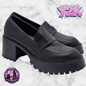 MIA Platform Penny Loafers Women 9 Black Chunky Heel 90s Style Bratz Goth Preppy